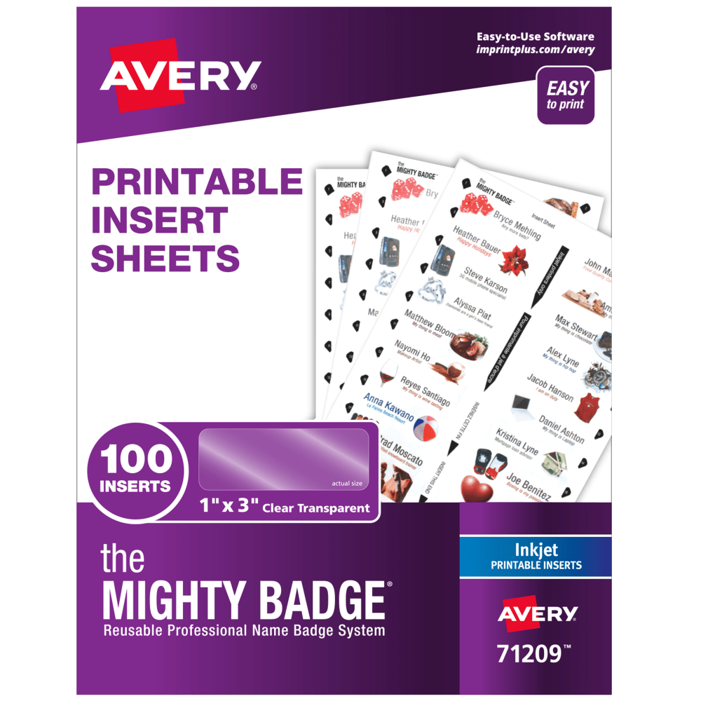 Avery The Mighty Badge Inserts For Inkjet Printers, 1in x 3in, Clear, Pack Of 100 Inserts