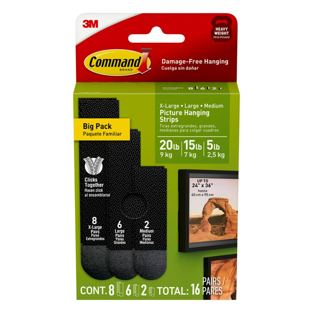 Command Mixed Picture Hanging Strips, 20 lb, Black, Pack Of 32 Strips