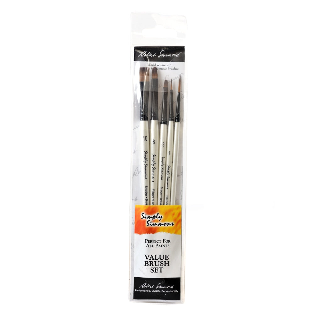 Robert Simmons Simply Simmons Value Paint Brush Set, Everything Set, Assorted Sizes, Assorted Bristles, Synthetic, White, Set Of 5