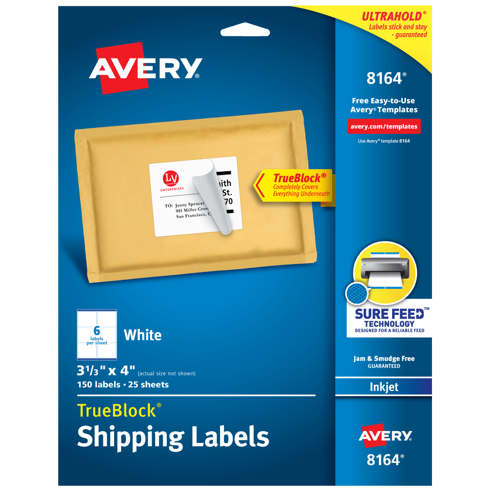 Avery TrueBlock Permanent Inkjet Shipping Labels, 8164, 3 1/3in x 4in, White, Pack Of 150