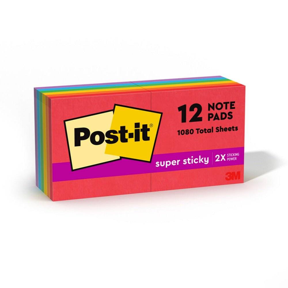 Post-it Super Sticky Notes, 3 in x 3 in, 12 Pads, 90 Sheets/Pad, 2x the Sticking Power, Playful Primaries Collection