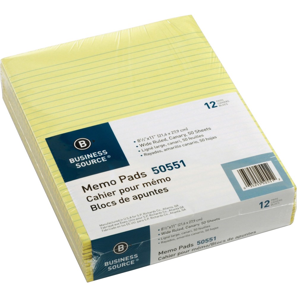 Business Source Glued Top Ruled Memo Pads - Letter - 50 Sheets - Glue - 16 lb Basis Weight - Letter - 8 1/2in x 11in - Canary Paper - 1 Dozen