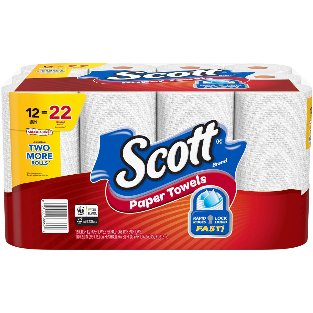 Scott Choose-A-Sheet Paper Towels - Mega Rolls - 1 Ply - 102 Sheets/Roll - White - Perforated, Absorbent - For Home, Office, School - 12 / Pack