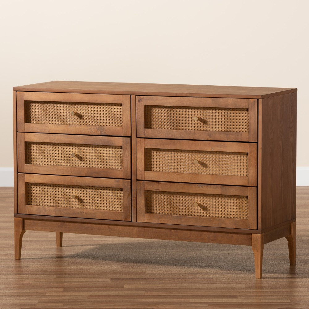 Baxton Studio Ramiel Finished Wood And Rattan 6-Drawer Dresser, 30-7/16inH x 47-1/4inW x 15-3/4inD, Natural Brown/Gold