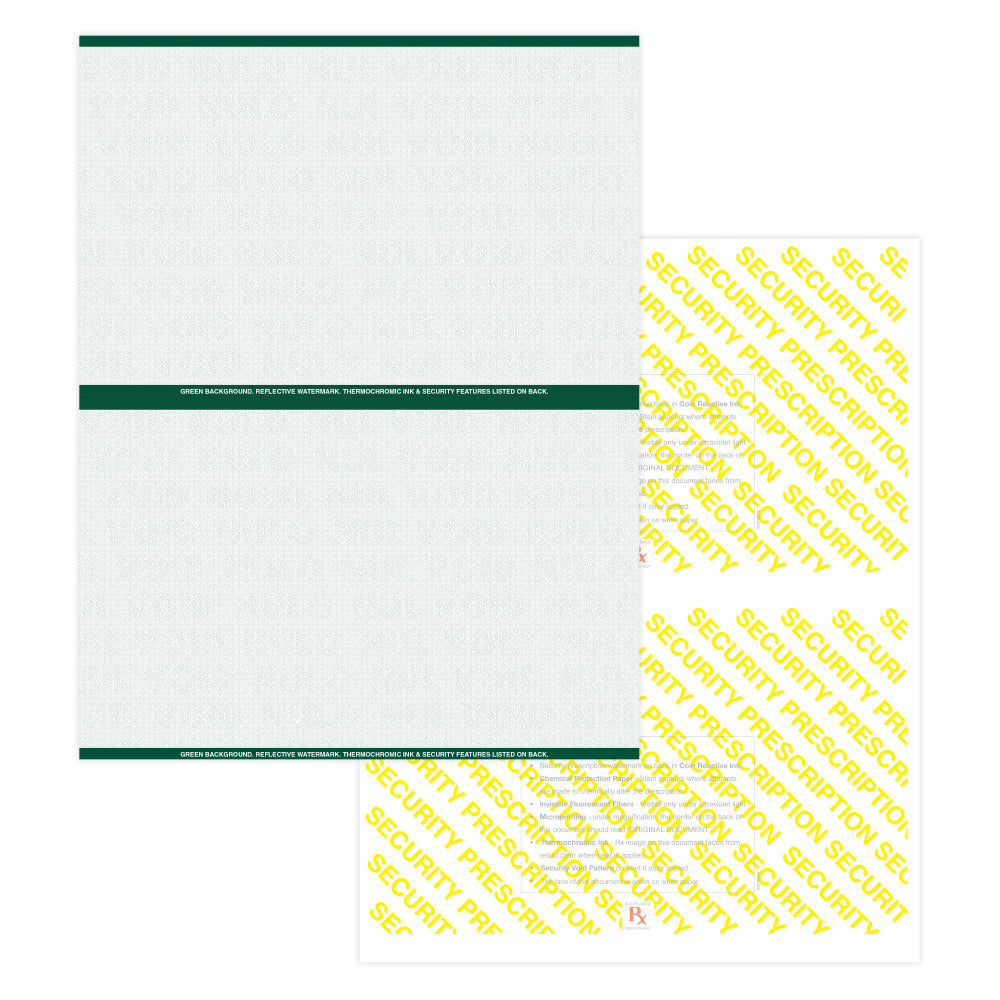 Medicaid-Compliant High-Security Perforated Laser Prescription Forms, 1/2-Sheet, 2-Up, 8-1/2in x 11in, Green, Pack Of 500 Sheets