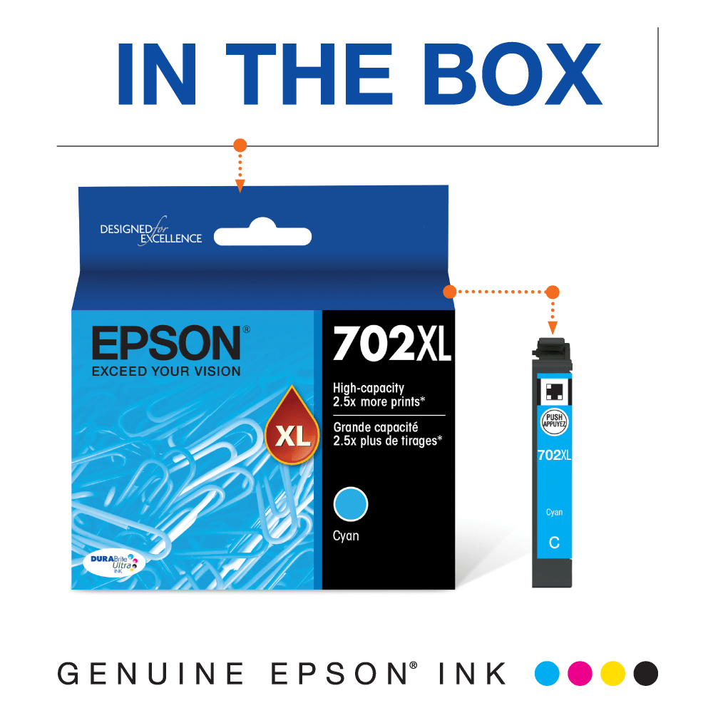 Epson 702XL DuraBrite Cyan Ultra-High-Yield Ink Cartridge, T702XL220-S