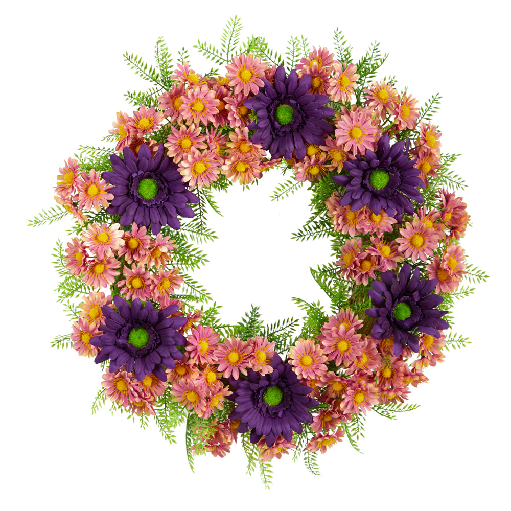 Nearly Natural Mixed Daisy 21inH Artificial Wreath, Purple