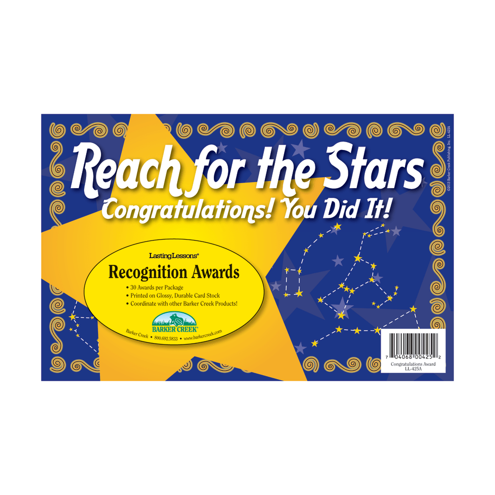 Barker Creek Blank Award Certificates, Reach For The Stars, 8 1/2in x 5 1/2in, Pack Of 30