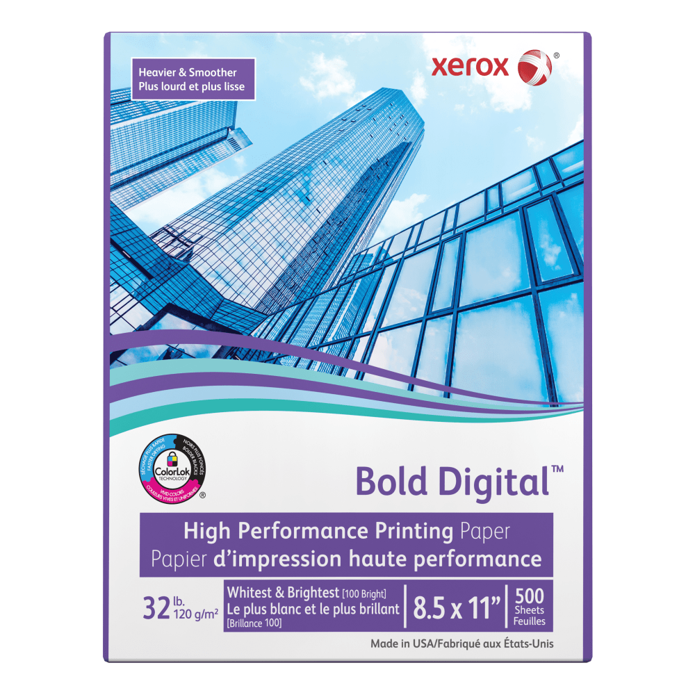 Xerox Bold Digital Printing Paper, Letter Size (8 1/2in x 11in), 100 (U.S.) Brightness, 32 Lb Text (120 gsm), FSC Certified, Ream Of 500 Sheets