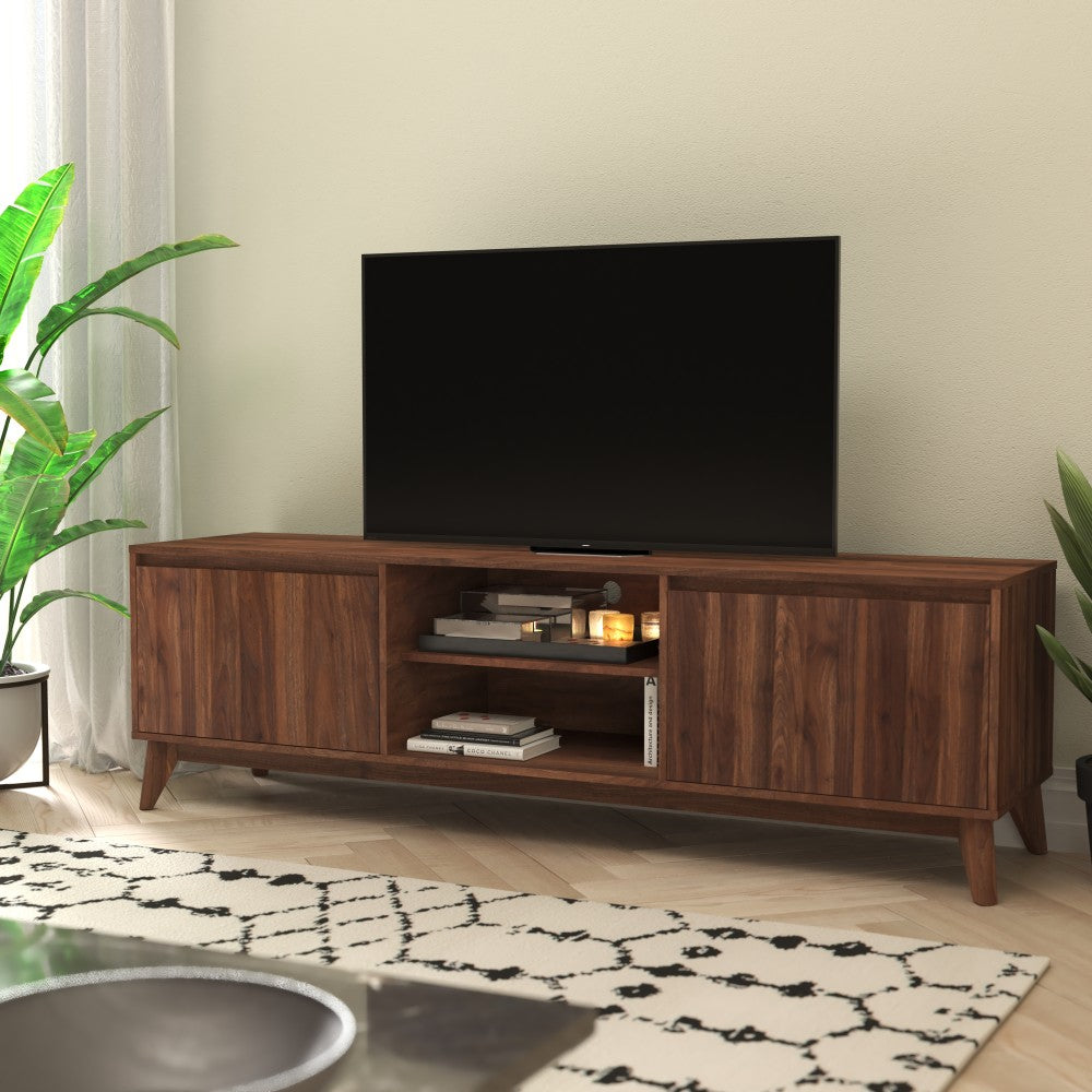 Flash Furniture Hatfield Mid-Century Modern TV Stand for 65+ Inch TVs - 70 Inch Media Center with Adjustable Center Shelf and Dual Soft Close Doors, Dark Walnut