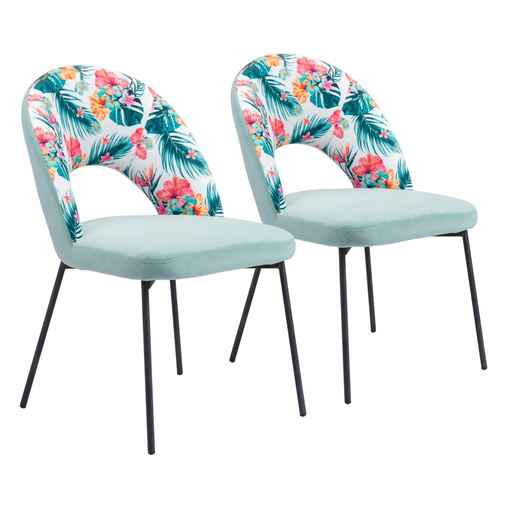 Zuo Modern Bethpage Dining Chairs, Multicolor Print/Green/Black, Set Of 2 Chairs