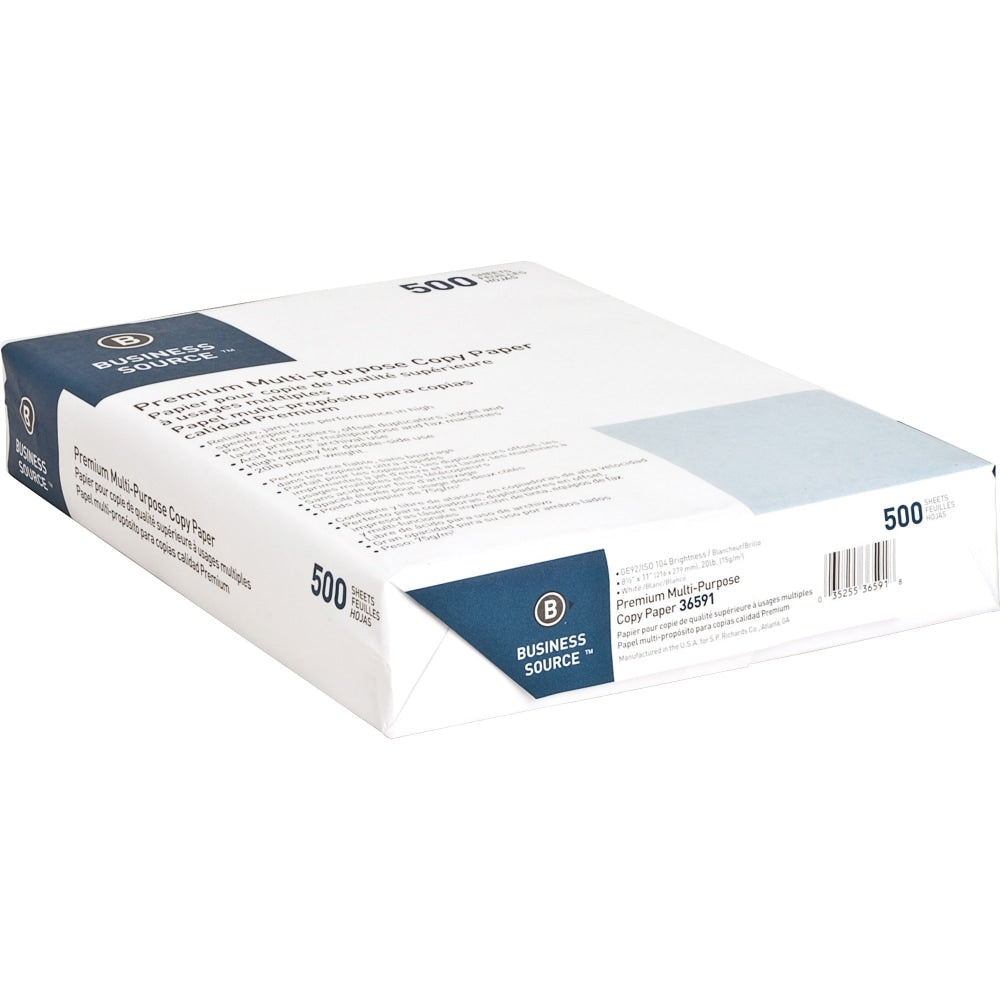 Business Source Premium Printer & Copy Paper, White, Letter (8.5in x 11in), 200000 Sheets Per Pallet, 20 Lb, 92 Brightness, Case Of 10 Reams