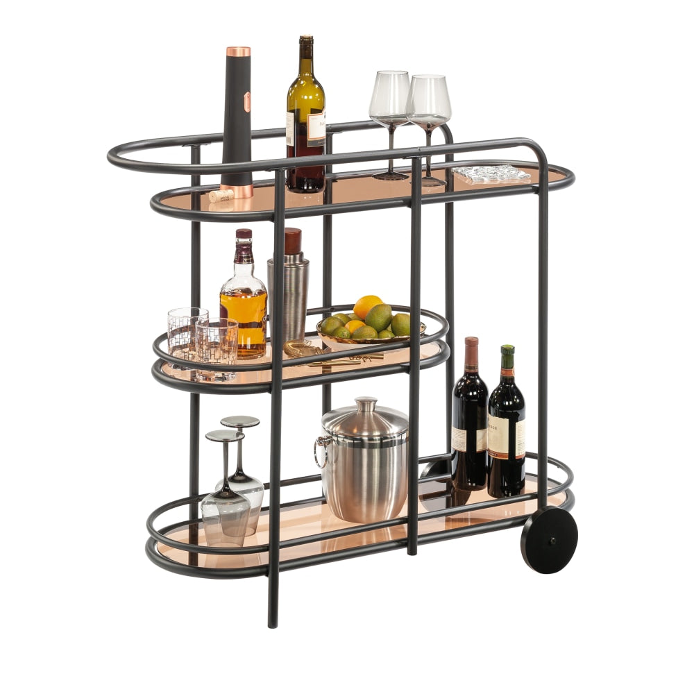 Sauder Coral Cape Modern 3-Shelf Metal And Glass Bar Cart, 33-1/8inH x 39-1/2inW x 15-1/8inD, Black/Amber