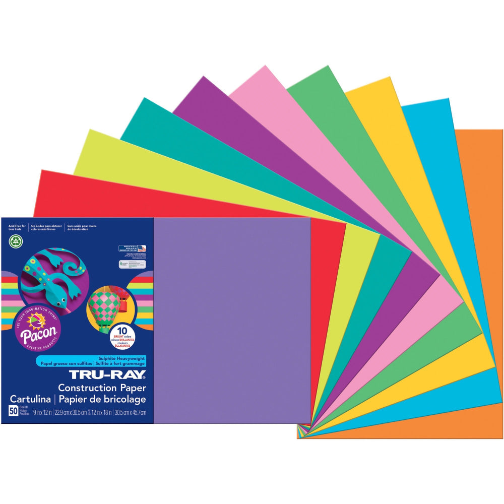 Tru-Ray Construction Paper, 50% Recycled, Assorted Colors, 12in x 18in, Pack Of 50 Sheets