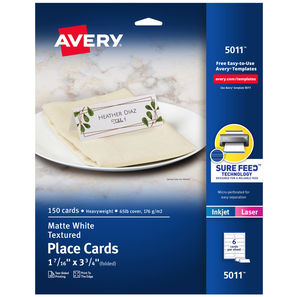 Avery Printable Place Cards With Sure Feed Technology, 1-7/16in x 3-3/4in, Textured White, Pack Of 150