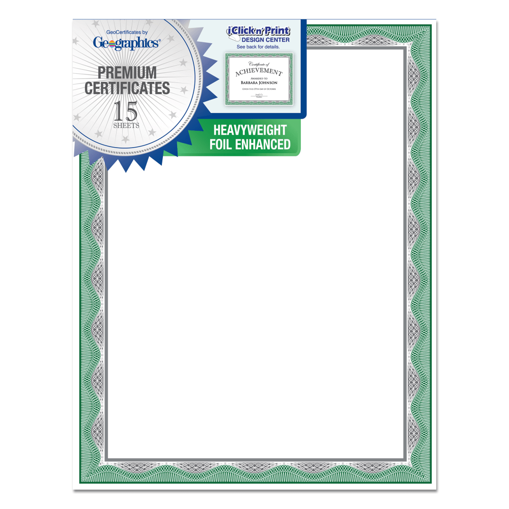 Geographics Heavyweight Foil Certificates, 8-1/2in x 11in, Green With Silver Foil, Pack Of 15