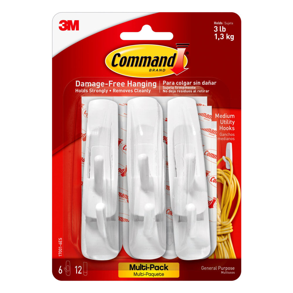 Command Medium Utility Plastic Hooks, 6-Command Hooks, 12-Command Strips, Damage-Free, White