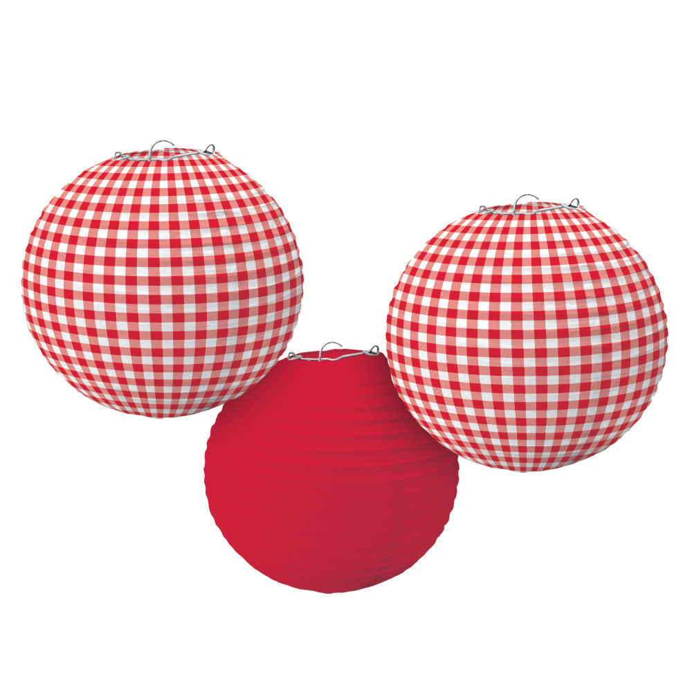 Amscan Summer Picnic Gingham Paper Lanterns, 9-1/2in, Red, 3 Lanterns Per Pack, Set Of 2 Packs