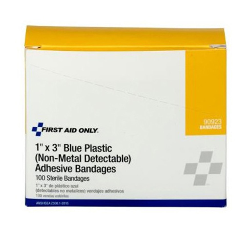 First Aid Only Bandages, 1in x 3in, Blue, Box Of 100 Bandages