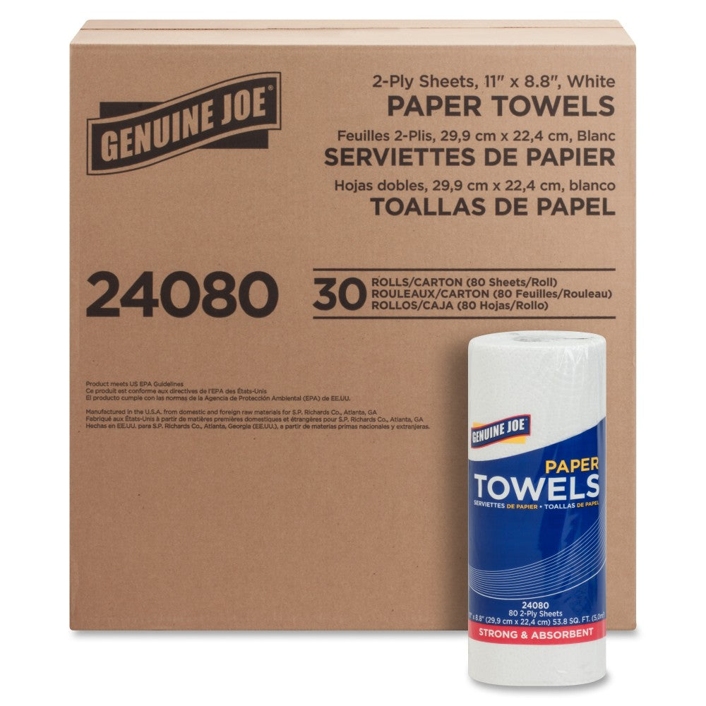 Genuine Joe 2-Ply Household Paper Towels, 100% Recycled, 80 Sheets Per Roll, Pack Of 30 Rolls