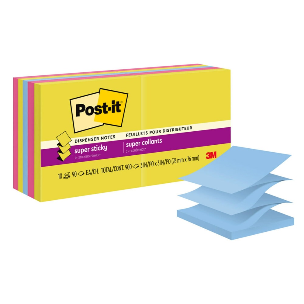 Post-it Super Sticky Dispenser Pop-up Notes, 3 in. x 3 in., Summer Joy collection, 10 Pads/Pack, 90 Sheets/Pad