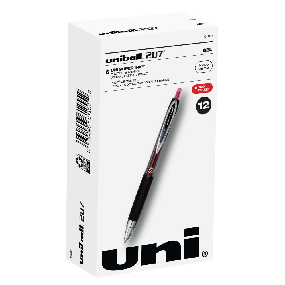 uni-ball 207 Retractable Fraud Prevention Gel Pens, Micro Point, 0.5 mm, Black Barrels, Red Ink, Pack Of 12