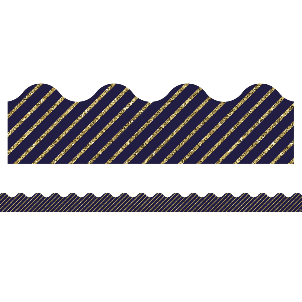 Carson-Dellosa Sparkle And Shine Scalloped Borders, 2 1/4in x 36in, Glitter Stripes, Gold/Navy, Preschool - Grade 8, Pack Of 13 Borders