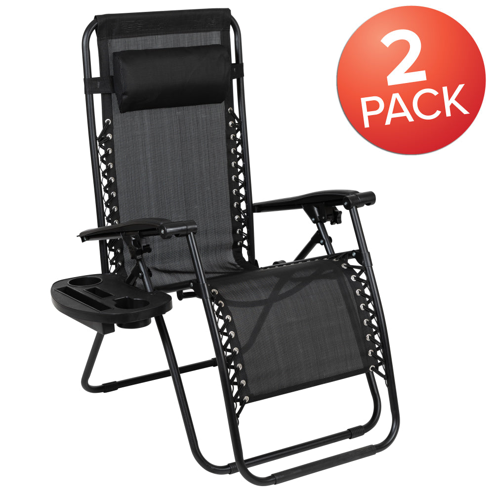 Flash Furniture Adjustable Folding Mesh Zero Gravity Reclining Lounge Chairs With Pillow And Tray, Black, Set Of 2 Chairs