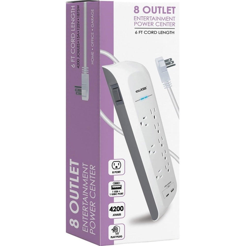 Digital Energy World 8-Outlet USB-A and USB-C Surge Protector Power Strip (White, 6-Foot Cord) - 8 x AC Power, 2 x USB - 1875 VA - 4200 J - 120 V AC Input - 6 ft