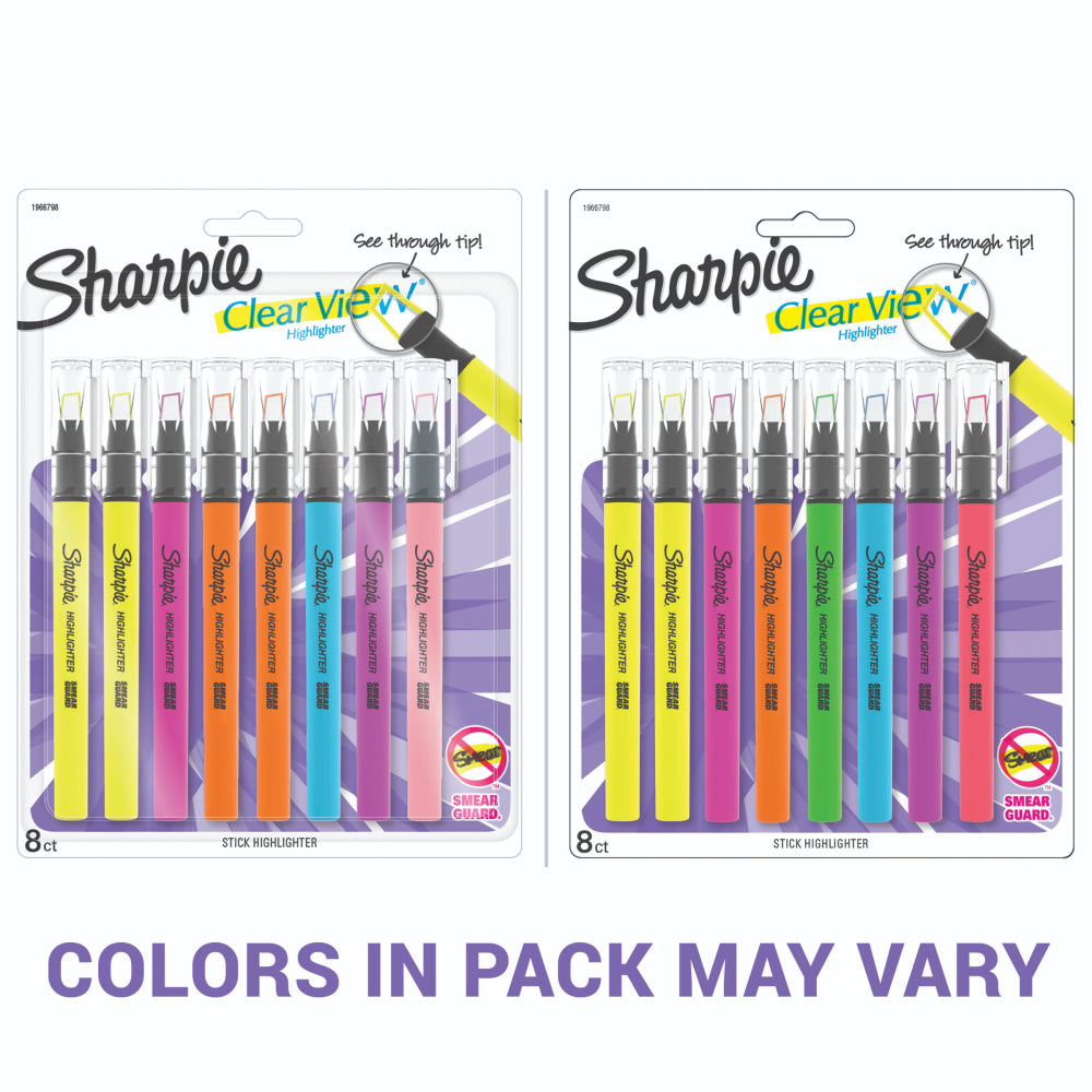 Sharpie Highlighter, Clear View Highlighter with See-Through Chisel Tip, Stick Highlighter, Assorted, 8 Count