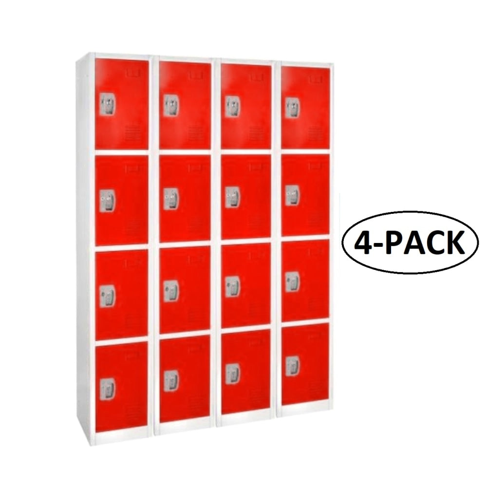 Alpine AdirOffice 4-Tier Steel Lockers, 72inH x 12inW x 12inD, Red, Pack Of 4 Lockers