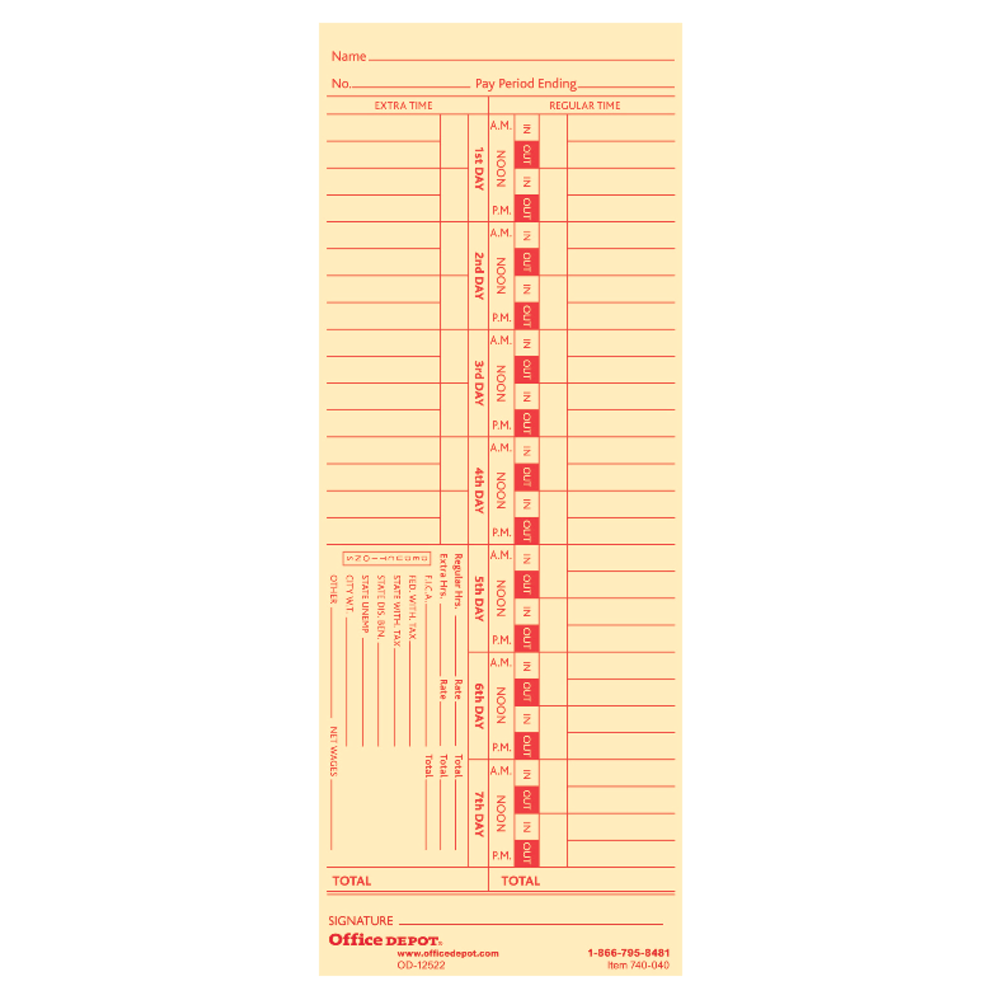 Office Depot Brand Time Cards, Biweekly, Days 1-7, 2-Sided, 3 3/8in x 8 7/8in, Manila, Pack Of 100