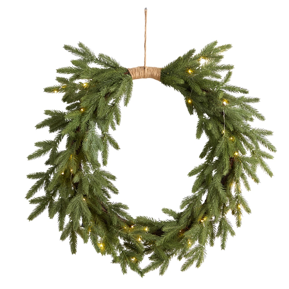 Nearly Natural Holiday Christmas 24inH Pine Pre-Lit Cascading Wreath, 24in x 5in, Green