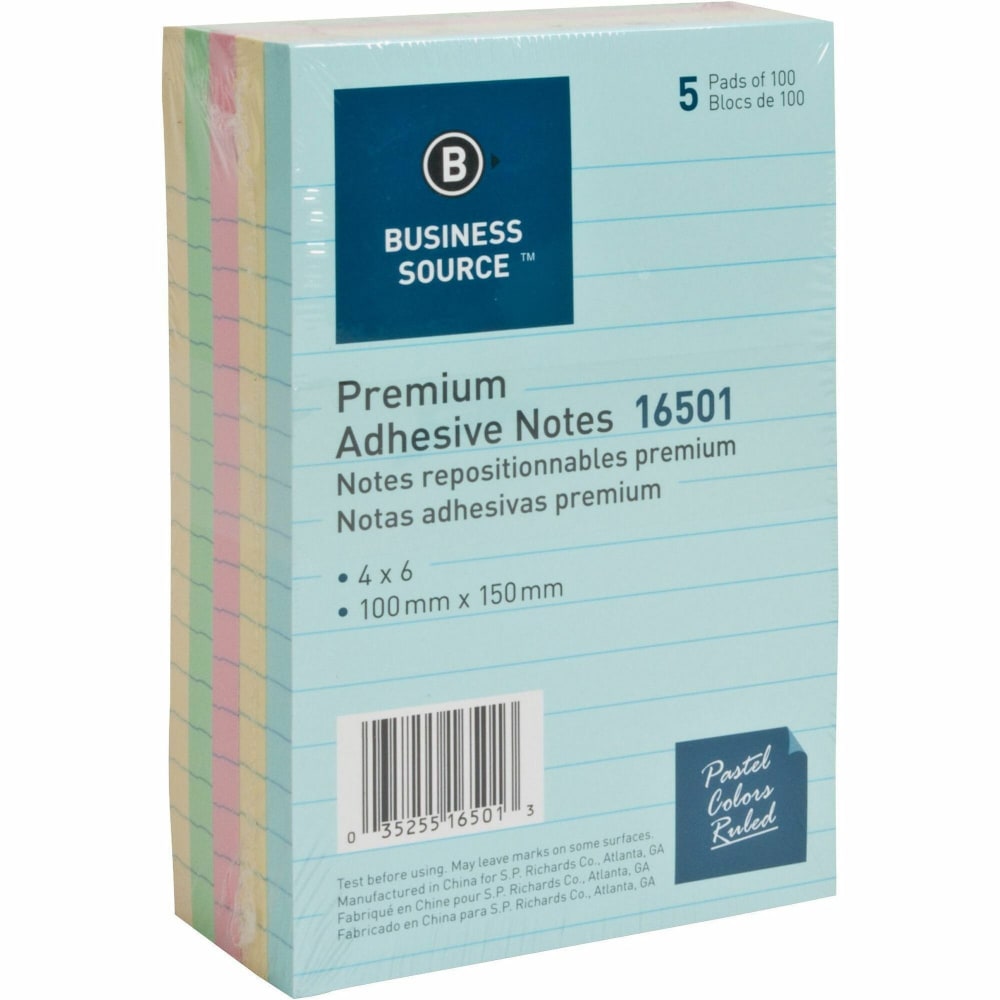 Business Source Ruled Adhesive Notes - 4in x 6in - Square - Ruled - Pastel - Self-adhesive, Solvent-free Adhesive - 5 / Pack