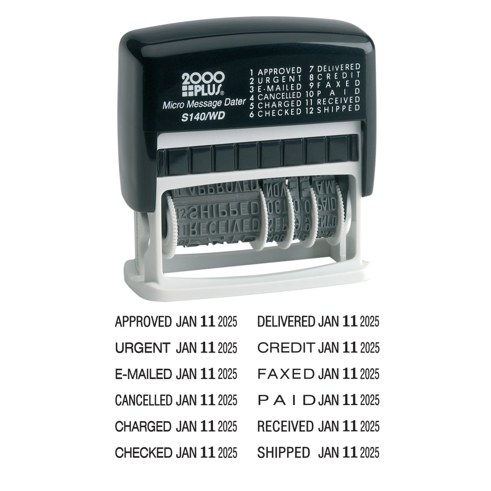 2000 PLUS Date Phrase Dater Stamp Self-Inking 12-in-1 Micro Date Message Dater Stamp, 12 Phrases, Approved, Urgent, Emailed, Cancelled, Charged, Checked, Delivered, Credit, Faxed, Paid, Received, Shipped; Black Ink