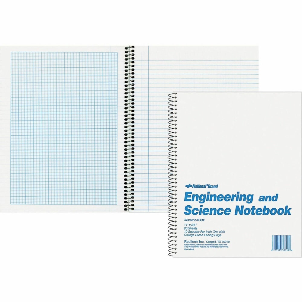 Rediform Engineering and Science Notebook - Letter - 60 Sheets - Wire Bound - Both Side Ruling Surface - Light Blue Margin - 16 lb Basis Weight - Letter - 8 1/2in x 11in - White Paper - White Cover - Unpunched, Heavyweight, Hard Cover - 1 Each