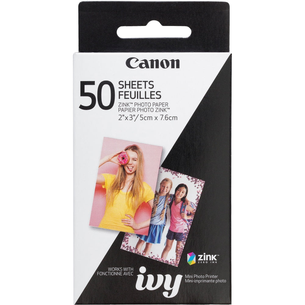 Canon ZINK Photo Paper - 2in x 3in - Glossy - 1 Each - 50 Sheets - Smudge-free, Water Resistant, Tear Resistant - White