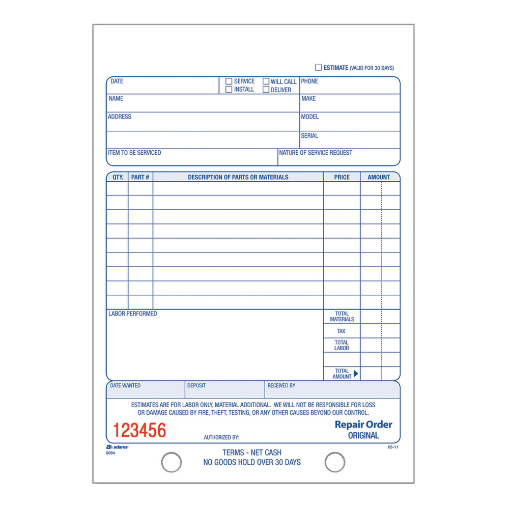 Adams 2-Part Service Repair Book, 5 9/16in x 8 7/16in, 50 Sets