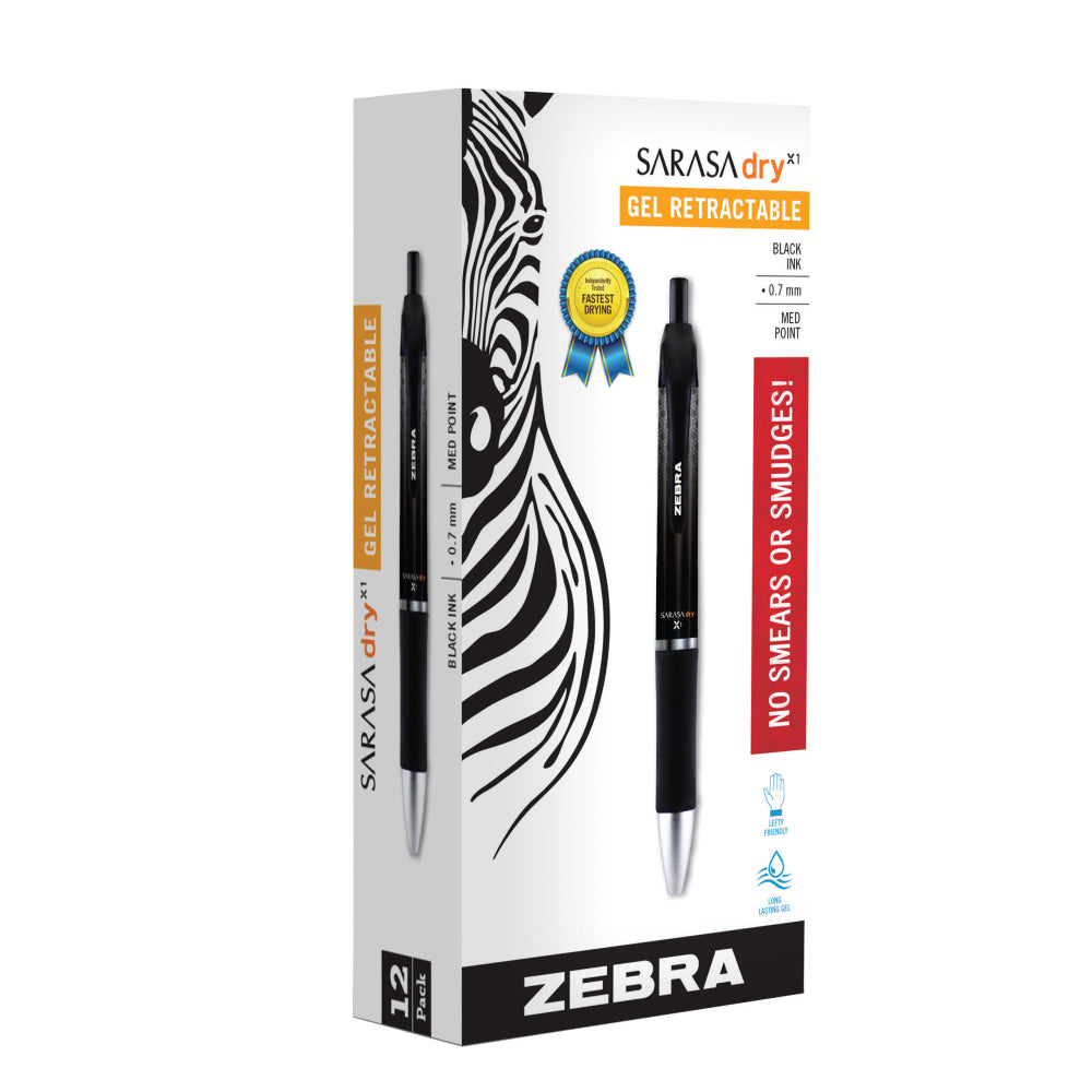 Zebra Pen SARASA Dry X1 Retractable Gel Pens, Pack Of 12, Medium Point, 0.7 mm, Black Barrel, Black Ink