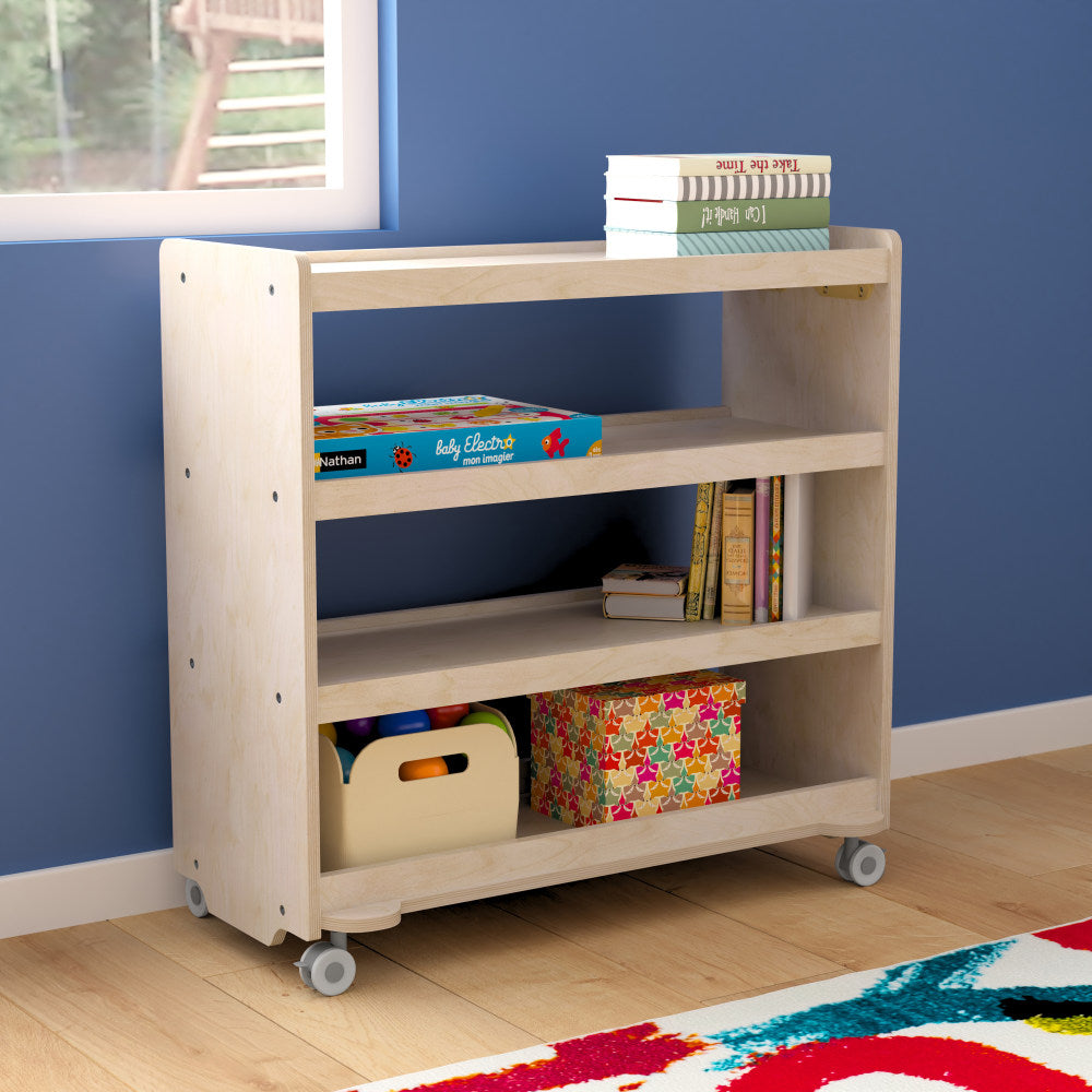 Flash Furniture Bright Beginnings Commercial-Grade Space-Saving Wooden Mobile Classroom Storage Cart With Locking Caster Wheels, 31-1/2inH x 31-1/2inW x 15-3/4inD, Beech