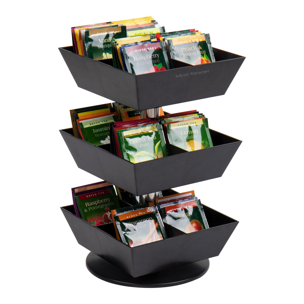 Mind Reader Anchor 3-Tier/12-Compartment Tea Carousel Countertop Organizer, 11-1/2inH x 6-3/4inW x 6-3/4inD, Black