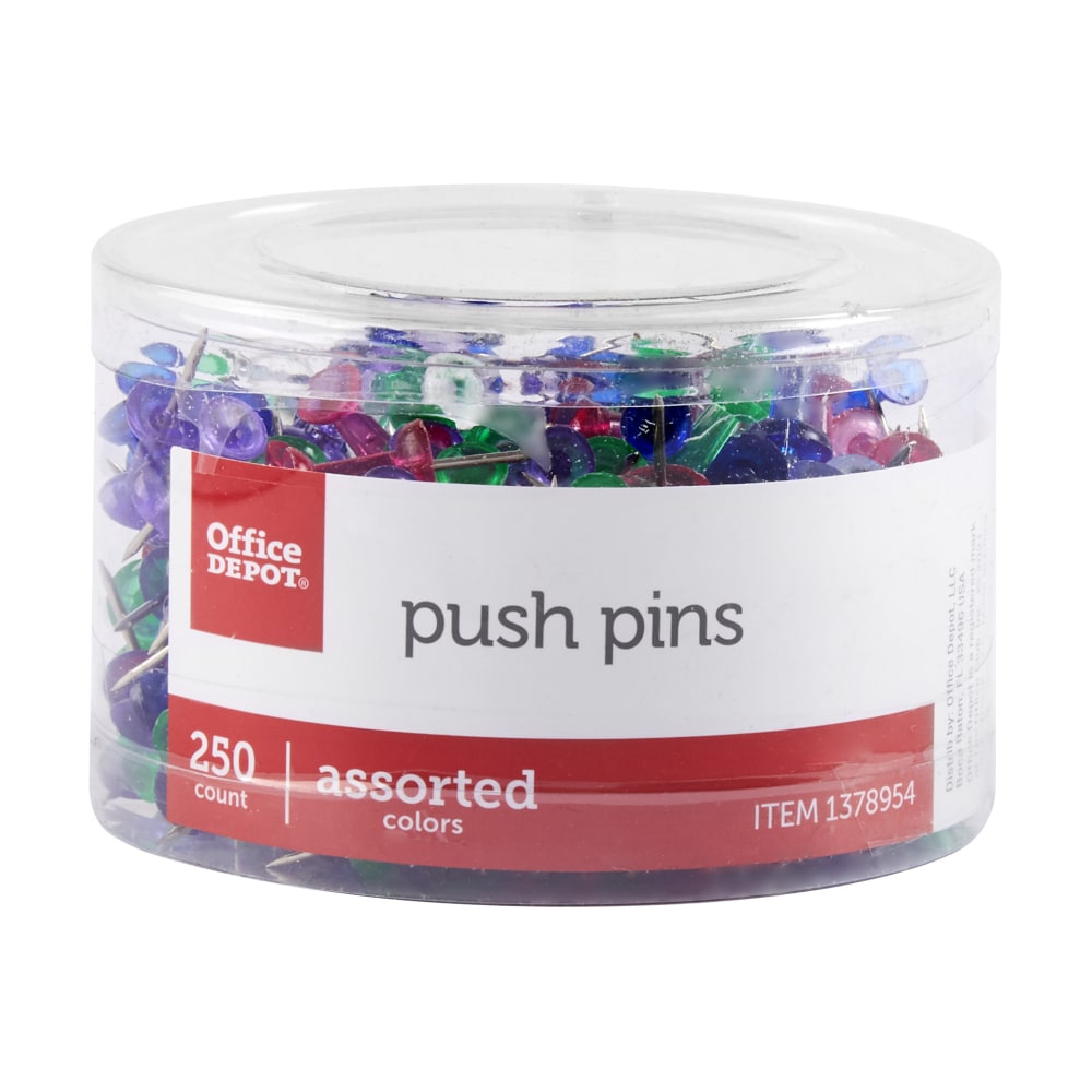 Office Depot Brand Push Pins, 9/10in, Assorted Colors, Pack Of 250