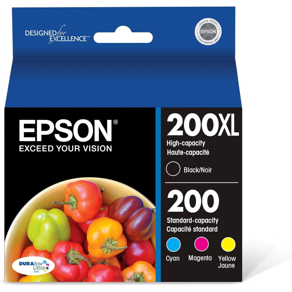 Epson 200XL Black/200 DuraBrite Cyan; Magenta; Yellow High-Yield/Standard Yield Ink Cartridges, Pack Of 4, T200XL-BCS