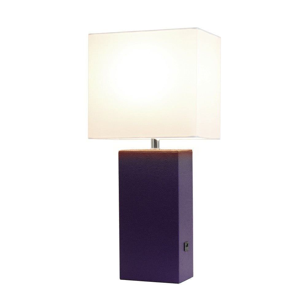 Elegant Designs Modern Leather/Fabric Desk Lamp With USB Port, 21inH, White Shade/Eggplant Base