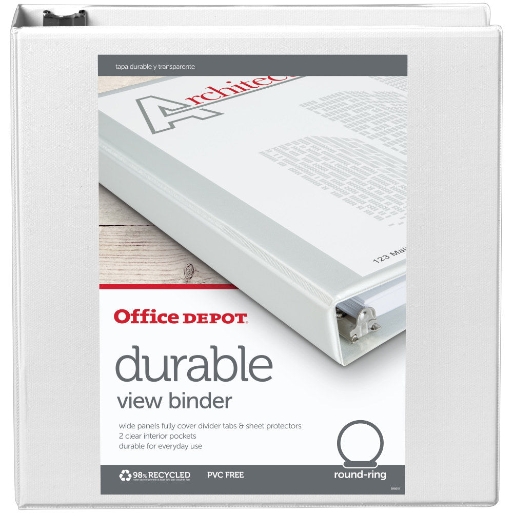 Office Depot Brand Durable View 3-Ring Binder, 2in Round Rings, White