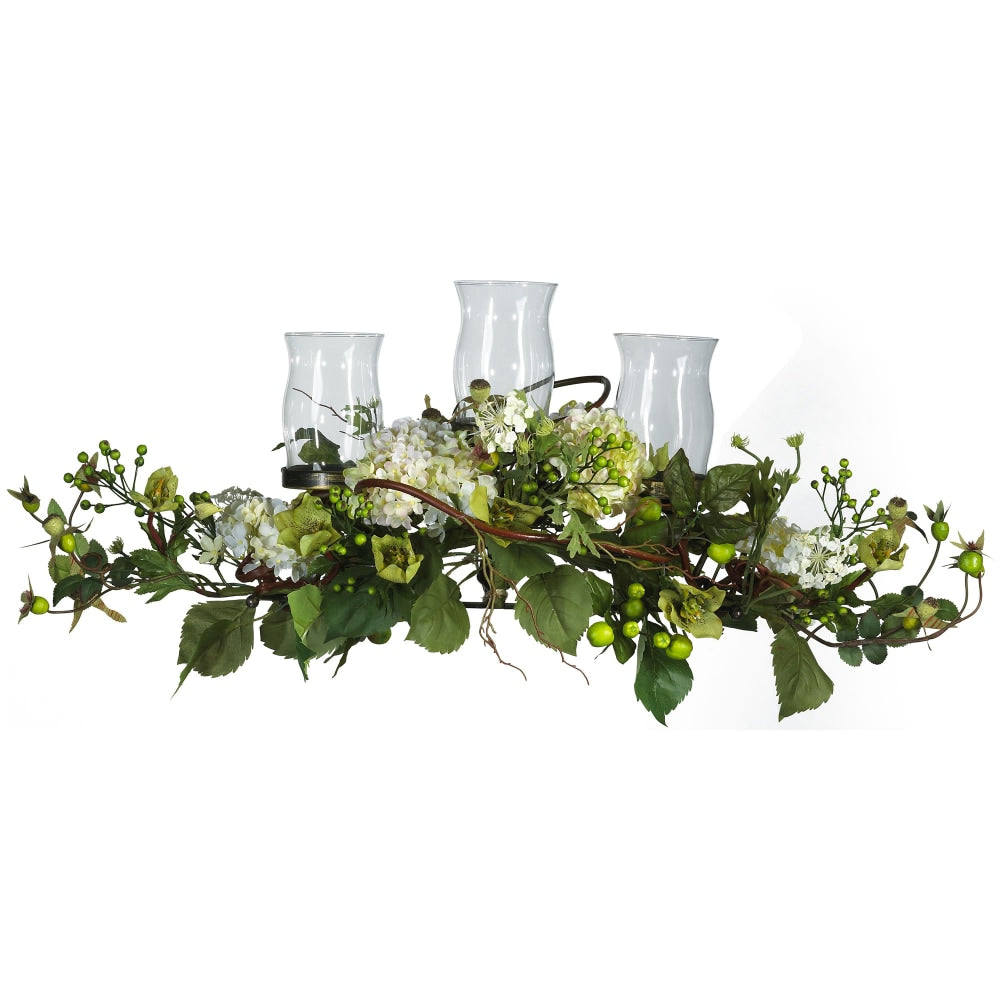 Nearly Natural Hydrangea Triple Candelabrum Centerpiece, 12-1/2inH x 28-1/2inW x 10inD, Cream