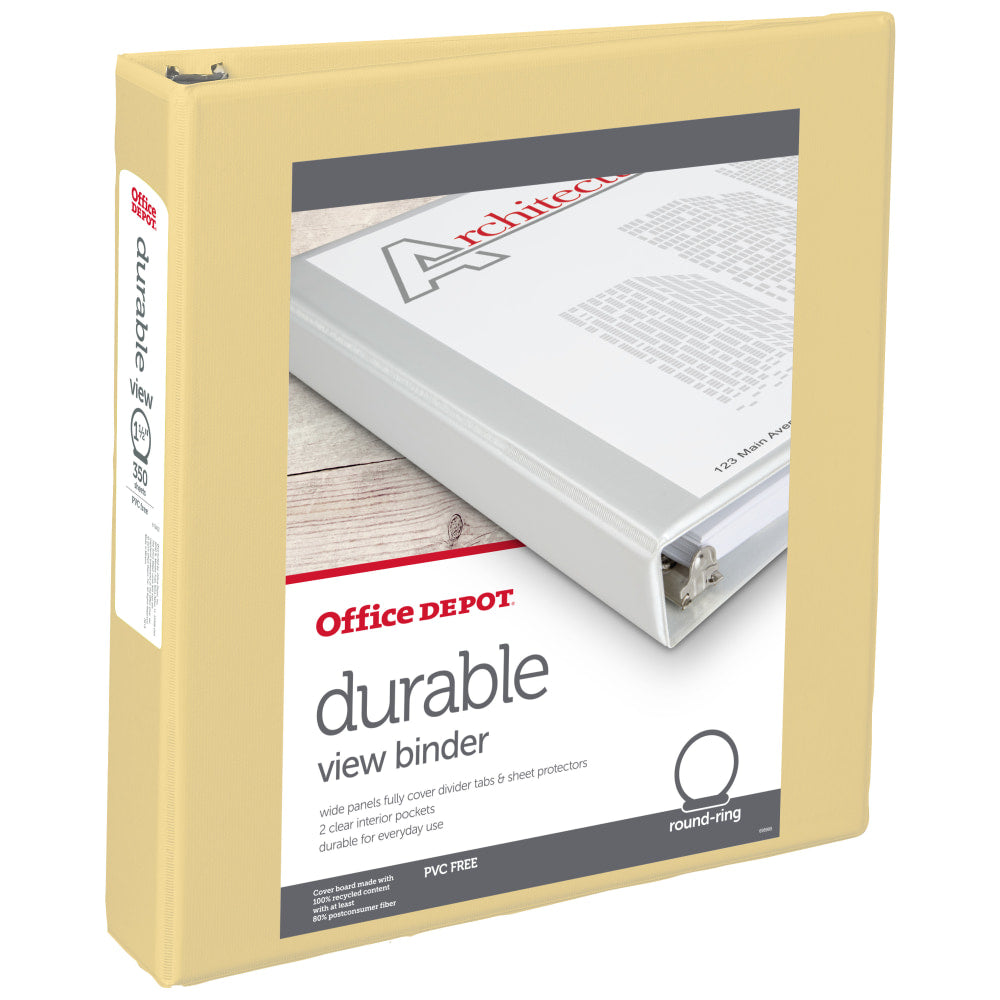 Office Depot Brand 3-Ring Durable View Binder, 1-1/2in Round Rings, Yellow