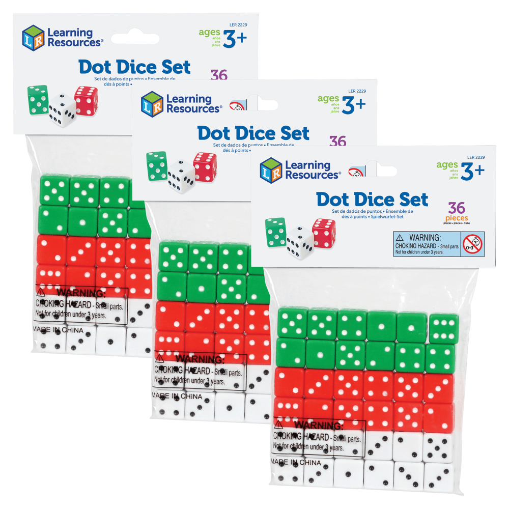 Learning Resources Dot Dice, Red/Green/White, Grade 1 to 5, 36 Dice Per Pack, Pack Of 3 Sets