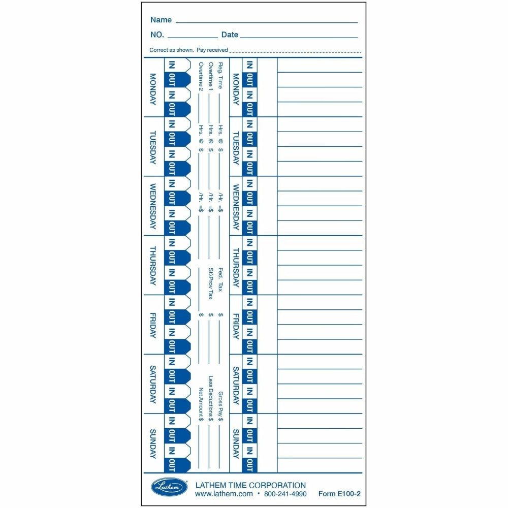 Lathem Time Cards For Electronic Side-Print Time Clocks, Weekly, 1-Sided, 4in x 9in, Box Of 100