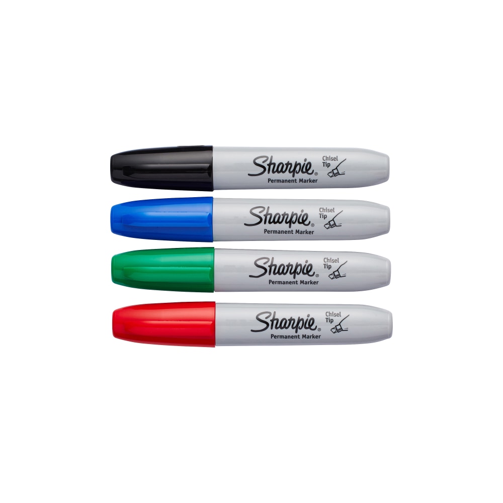 Sharpie Permanent Markers, Chisel Tip, Assorted Ink Colors, Pack Of 4 Markers